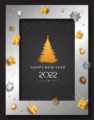 happy new year 2022 silver color with pine tree isolated black background