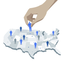 Mano colloca gli uomini che rappresentano diversi stati americani sulla mappa degli Stati Uniti d'America © Hurca!
