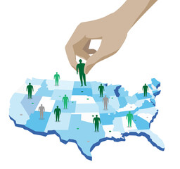 Mano colloca gli uomini che rappresentano diversi stati americani sulla mappa degli Stati Uniti d'America © Hurca!