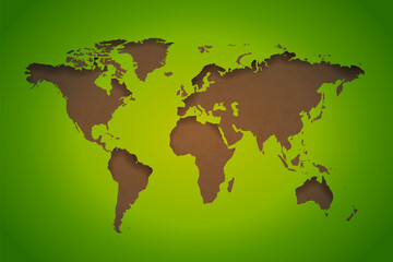 Worldwide map in green and brown eco colours, papercraft eco illustration