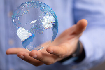 Communication technology global world network concept. Connection lines Around Earth Globe, Motion of digital data flow