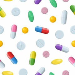 Medical seamless pattern with color pills, tablets and capsules on white. Pharmacology with pharmaceuticals. Medicine background illustration of medicament drugs for design. Vector