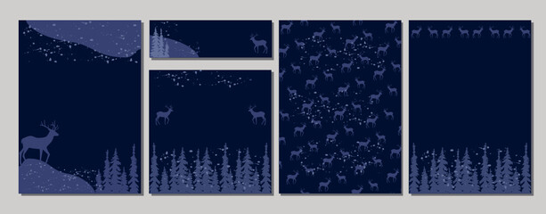 Fototapeta na wymiar Baner, flyer, set, christmas, deer, trees, collection, blue, new year, forest, spruce, night