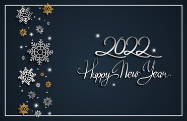 happy new year 2022 silver color with snowflake isolated blue background