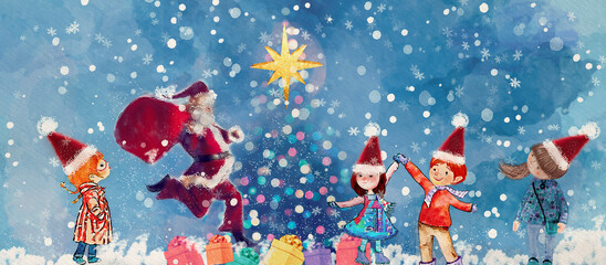 Christmas watercolor banner with Santa Claus and children.