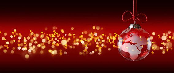 Festive winter x-mas Christmas ball bauble with lights and europe and africa on red glowing background. - obrazy, fototapety, plakaty