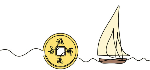 Abstract chinese coin as continuous lines drawing on white background. Vector	