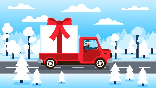 Truck carrying large gift box with red bow. Truck with Christmas gift drives through the winter forest. Vector illustration.