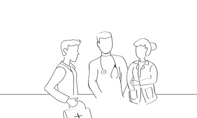 Doctors and nurse talking and discussing isolated on white background. For web site, poster, placard, print material and mobile app. Creative modern drawing concept, vector illustration