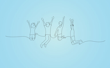 Successful team members jumping isolated on blue background. For ad, marketing and poster. Useful for app, travel agency and magazine. Creative business concept, art vector illustration