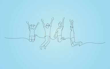 Successful team members jumping isolated on blue background. For ad, marketing and poster. Useful for app, travel agency and magazine. Creative business concept, art vector illustration