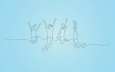 Successful team members jumping isolated on blue background. For ad, marketing and poster. Useful for app, travel agency and magazine. Creative business concept, art vector illustration