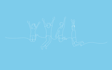 Successful team members jumping isolated on blue background. For ad, marketing and poster. Useful for app, travel agency and magazine. Creative business concept, art vector illustration