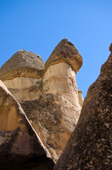 Close-up view top of the famous Fairy Chimneys or Multihead stone mushrooms in Pasaba Valley near Goreme. Blue sky background. Popular travel destination in Turkey. UNESCO World Heritage Site