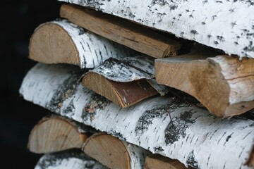 Birch firewood. Chopped firewood prepared for winter heating of the fireplace. Dry birch firewood...