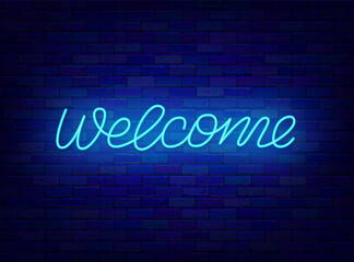 Fototapeta na wymiar Welcome neon lettering. Shiny invitation calligraphy. Light quote. Online messaging. Vector stock illustration