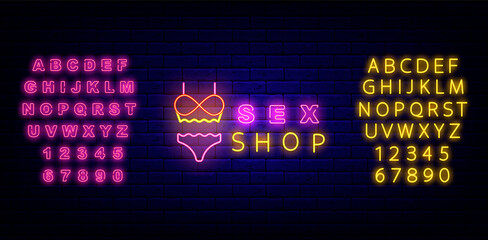 Sex shop neon emblem with alphabet. Intimate store. Sexual accessories flyer. Vector stock illustration