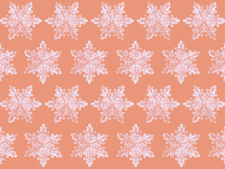 White snowflake in geometric pattern on pastel peachy background. Minimal luxury winter natural  wallpaper.