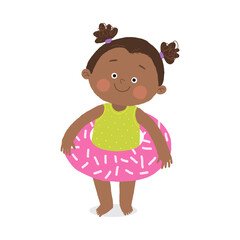 Cute african american girl with inflatable circle. Children activities. Cartoon hand drawn10 illustration isolated on white in a flat style.