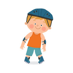 Cute boy roller skating with inline skates. Children activities. Cartoon vector hand drawn eps 10 illustration isolated on white in a flat style.