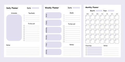 Modern collection of daily weekly monthly planner printable template with blue ellements. Collection of note paper, to do list, stickers templates. Blank white notebook page A4 - obrazy, fototapety, plakaty