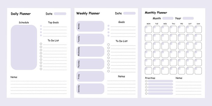 Modern Collection Of Daily Weekly Monthly Planner Printable Template With Blue Ellements. Collection Of Note Paper, To Do List, Stickers Templates. Blank White Notebook Page A4