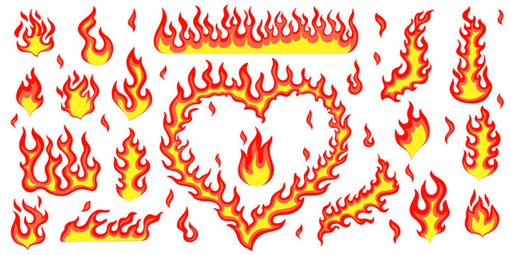Set of cartoon fire. Bright fiery heart. Isolated illustration of a red-hot sparkling fire. Red, orange hot flames. Flaming petals, sparks. A raging forest fire. Powerful inferno energy, explosion.