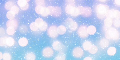 Abstract blue winter background with bokeh. Christmas light with falling snow. Winter panoramic scenery