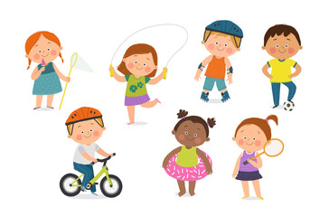 Cute children doing outdoor summer activities. Cartoon hand drawn10 illustration isolated on white in a flat style.
