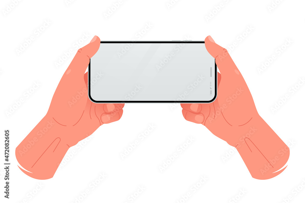 Poster male hands hold a smartphone in a horizontal position. taking photo on mobile phone. smartphone mock
