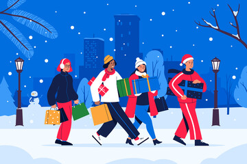 Happy people with gifts and bags walk along the snowy street. Men and women buying gifts at Christmas sale. Shopping on winter holidays. Cityscape background. Vector illustration.