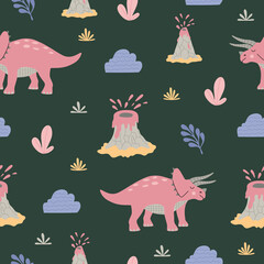 Cartoon dinosaur triceratops among tropical plants, clouds and an erupting volcano. Seamless pattern for kids. Colorful elements isolated on green background. Hand drawn flat vector illustration. © Alice