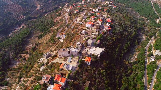 Aerial view of the lebanese village and valley. Flying over the village. Travel destination. Vacations