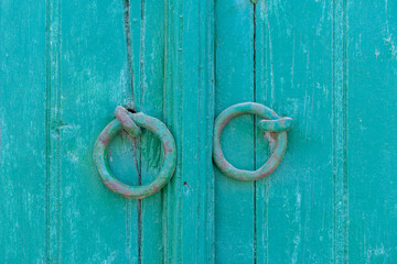 Greek front door. Architectural details on Symi island. Greece