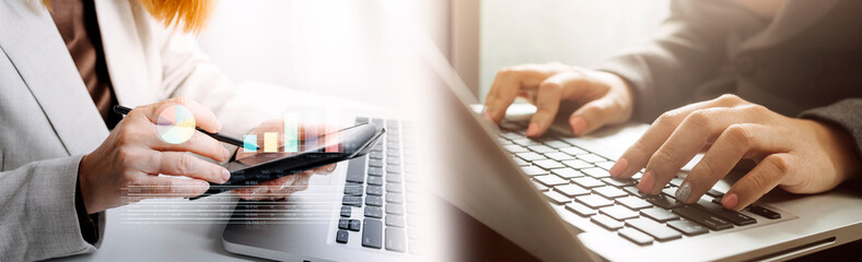 Data Management System with Business Analytics concept. business team hands working with provide information for Key Performance Indicators and marketing analysis onn virtual computer