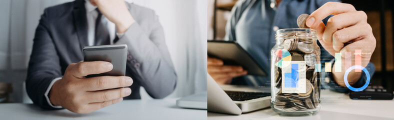 Data Management System with Business Analytics concept. business team hands working with provide information for Key Performance Indicators and marketing analysis onn virtual computer