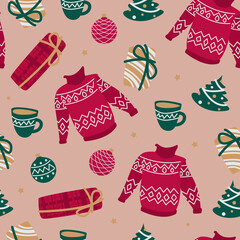Vector seamless festive pattern. Flat red, gold, white and green knitted sweater, Christmas toys, gift boxes, mug with cocoa isolated on pink background.
