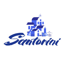 Santorini city name and city sights in blue-white color. Hand drawn lettering and vector illustration in flat style for touristic industry