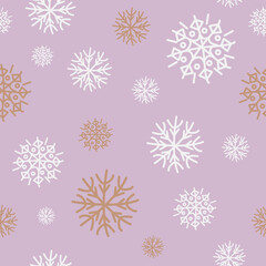Obraz na płótnie Canvas Vector seamless winter pattern. Flat white and bronze snowflakes isolated on gray-pink background.