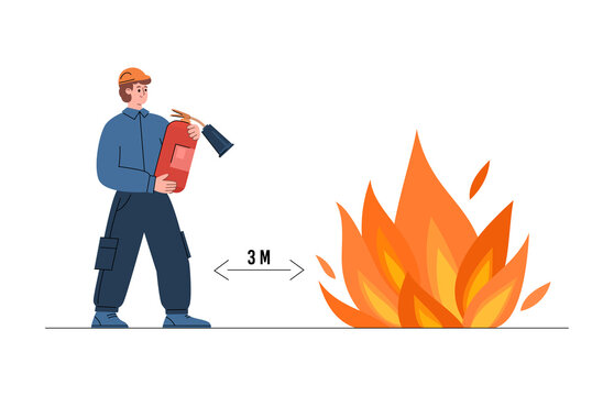 Fireman with extinguisher approaches the fire site at distance, flat vector illustration isolated on white background.
