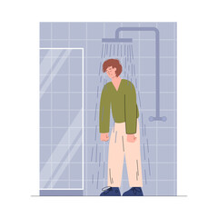 Sad and unhappy man stays in the shower fully clothed, flat vector illustration isolated on white background.