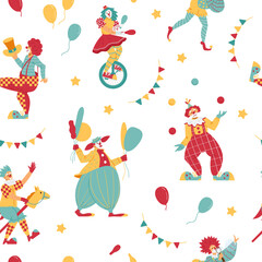 Fototapeta premium Funny seamless pattern with clowns in the circus, cartoon flat vector illustration.