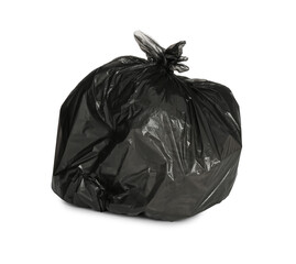 Black trash bag filled with garbage isolated on white