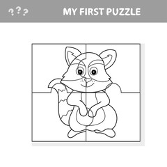 Cartoon Vector Illustration of Educational Jigsaw Puzzle Task for Preschool Children with Raccoon Animal Character. My first puzzle and coloring page