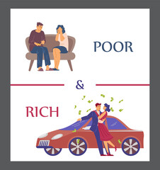 Poor and rich people social dividends and gap banner, flat vector illustration.