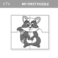 Cartoon Vector Illustration of Educational Jigsaw Puzzle Task for Preschool Children with Raccoon Animal Character. My first puzzle