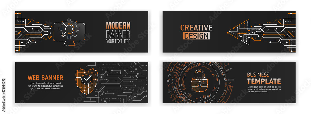 Aufkleber Set of modern banner templates for websites. Abstract social media cover design. Web hosting. Cloud computing. High tech design with technological elements. Science and digital technology concept.