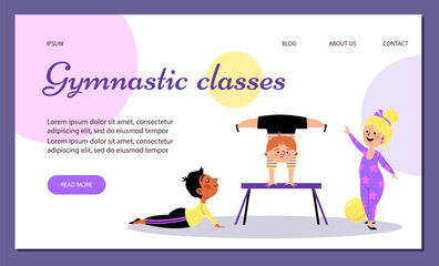 Gymnastic classes for kids website banner interface, flat vector illustration.