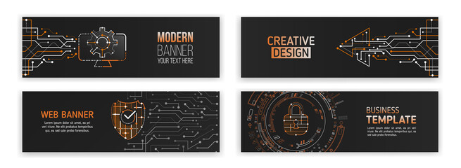 Set of modern banner templates for websites. Abstract social media cover design. Web hosting. Cloud computing. High tech design with technological elements. Science and digital technology concept.
