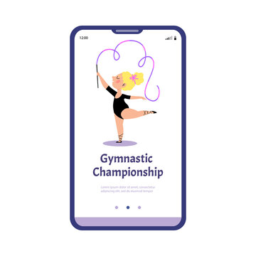 Gymnastic championship for kids mobile onboarding page, vector illustration.